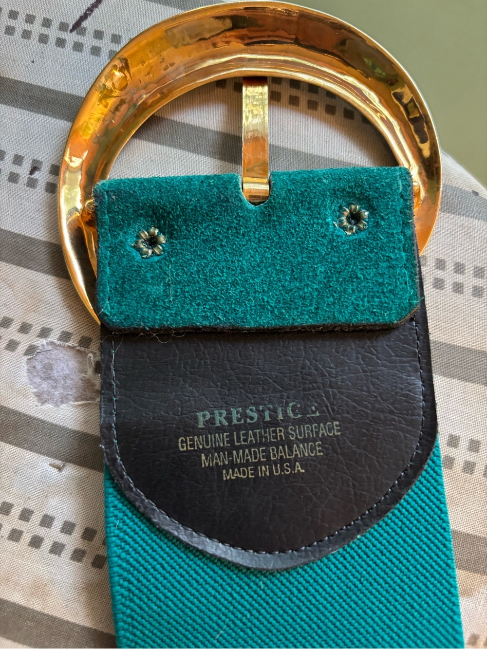 Vintage 1980’s Wide Teal Suede and Elastic Waist Belt with Gold Crescent Buckle - Picture 5 of 5